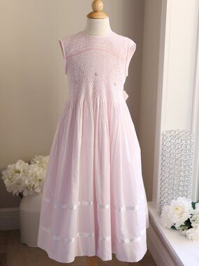 Strasburg Pink Smocked Dress Heirloom White Ribbon Size 8 Spring Summer Portrait